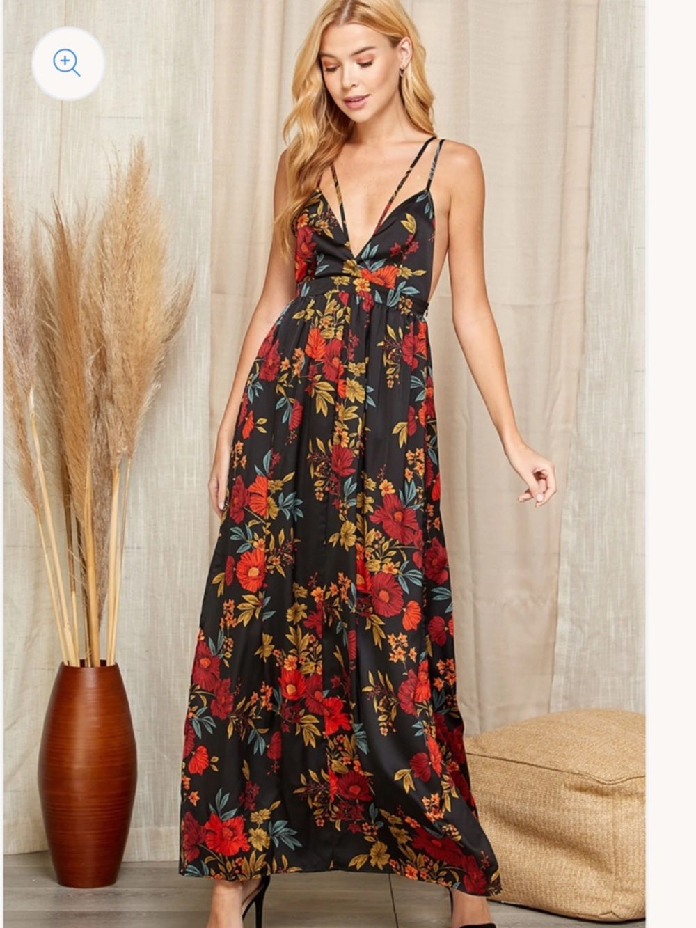 🌼 BLACK FLORAL MAXI DRESS WITH CRISS CROSS BACK AND SLITS